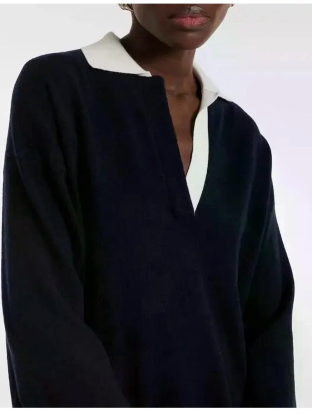 FILORO 100% Cashmere 2-Ply Polo Collar Sweater Navy Ivory Size M Quiet Luxury